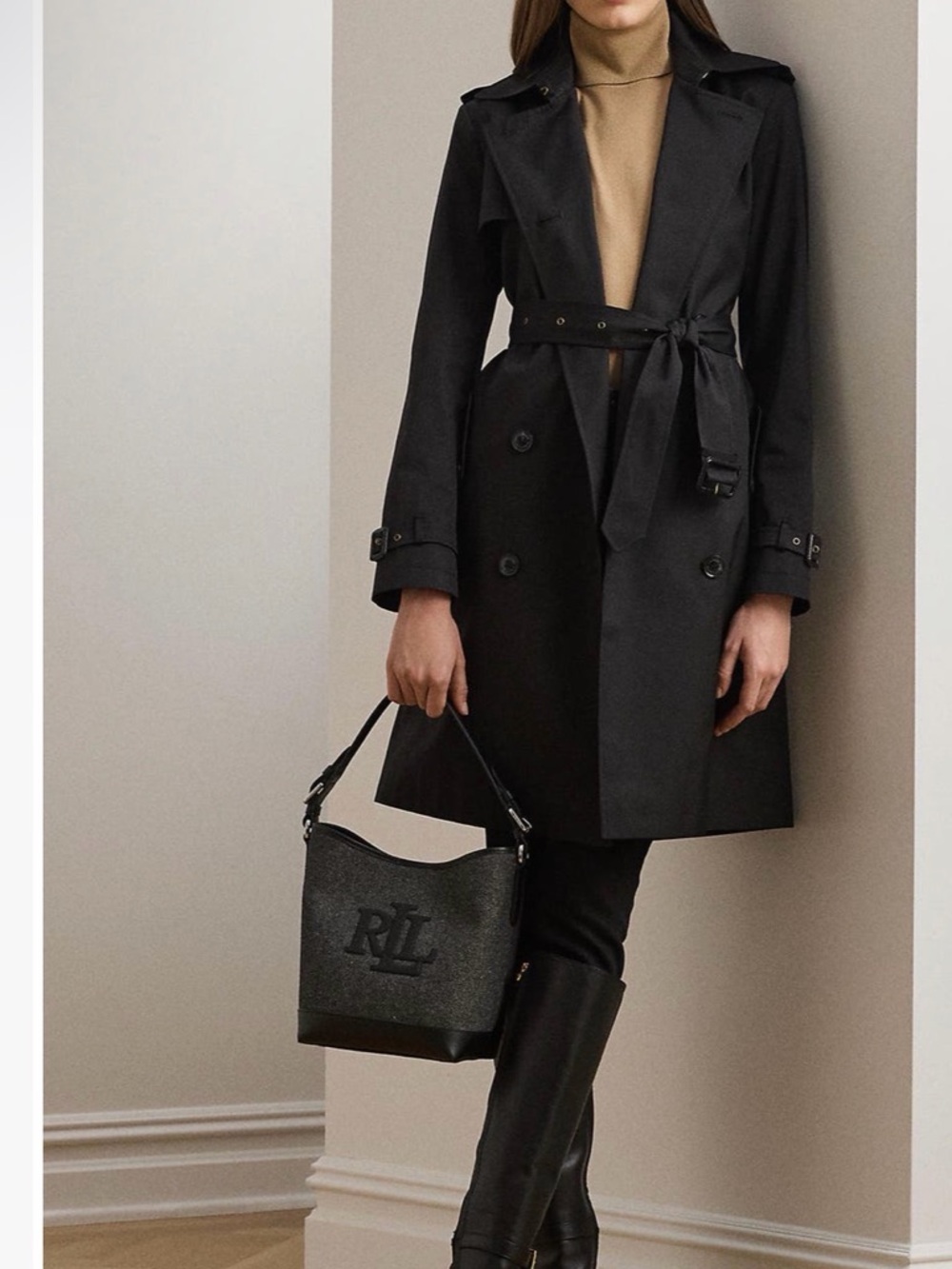 Lauren Ralph Lauren Black Textured Leather RL Logo Hobo Shoulder Bag